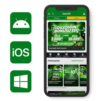 Android, iOS ve Windows ikonları yanında Bets10 mobil uygulama arayüzünü gösteren akıllı telefon